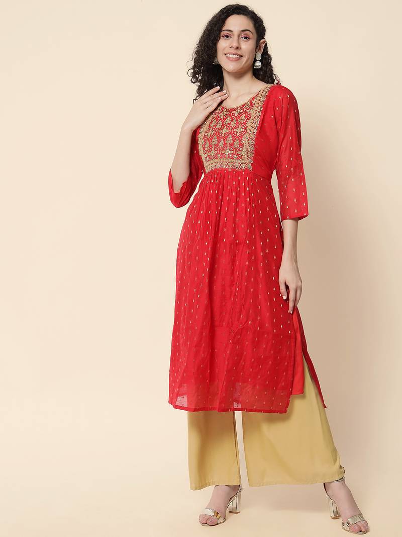 Red color chanderi modal fabric with beautiful embroidered work fancy looks