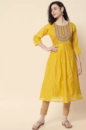 Yellow color chanderi modal fabric with beautiful embroidered work fancy looks