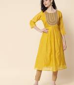 Yellow color chanderi modal fabric with beautiful embroidered work fancy looks