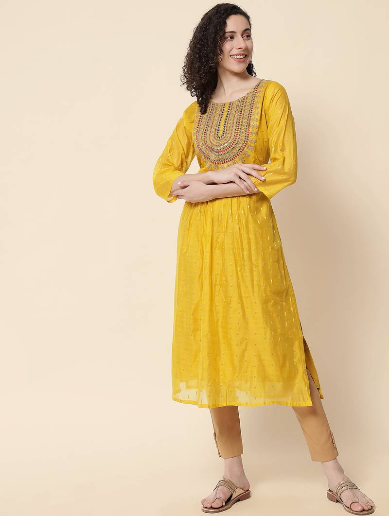 Yellow color chanderi modal fabric with beautiful embroidered work fancy looks