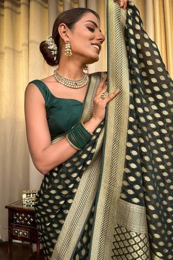Green soft silk blend banarasi jacuard work designer saree with blouse