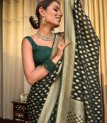 Green soft silk blend banarasi jacuard work designer saree with blouse