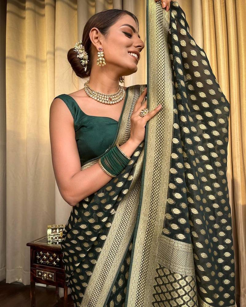 Green soft silk blend banarasi jacuard work designer saree with blouse