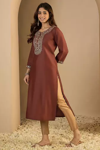 Brown color trendy formal looking classy kurta for girl