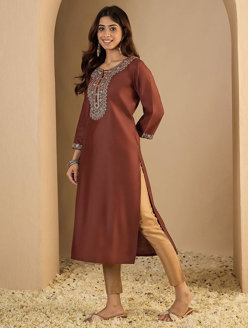 Brown color trendy formal looking classy ethnic kurta for girl