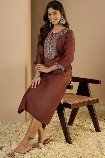 Brown color trendy formal looking classy kurta for girl