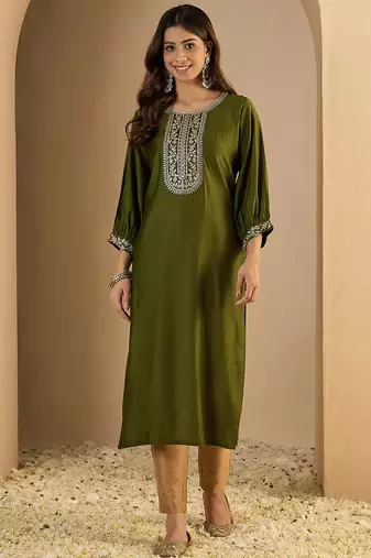 Mahendi color trendy formal looking classy ethnic kurta for girl