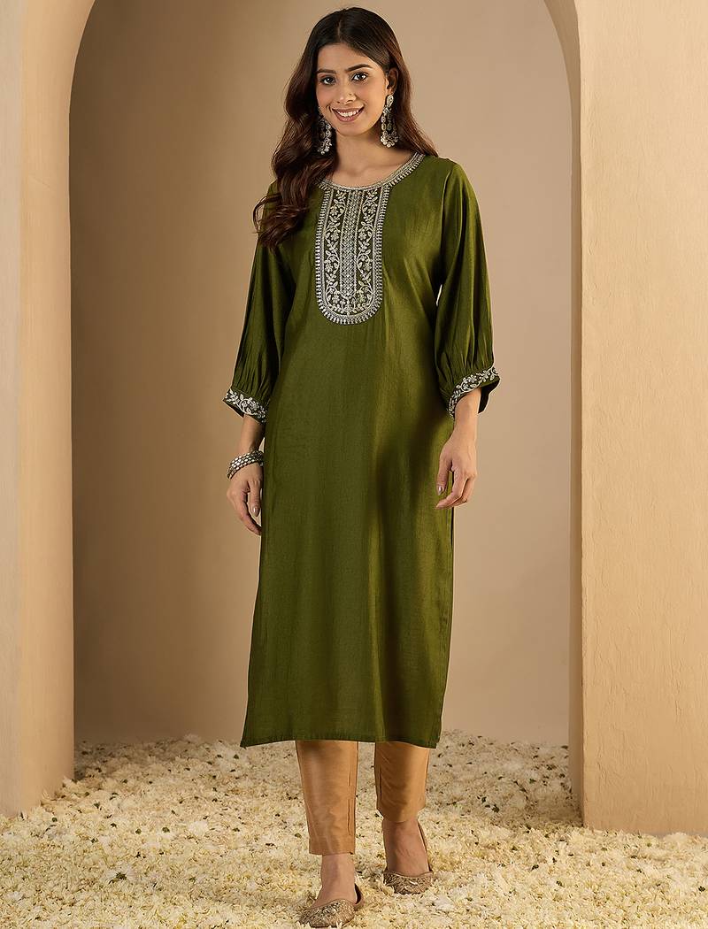 Mahendi color trendy formal looking classy ethnic kurta for girl