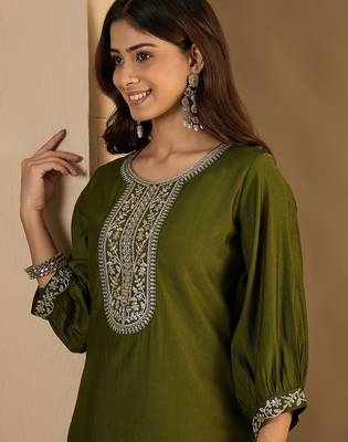 Mahendi color trendy formal looking classy kurta for girl 3