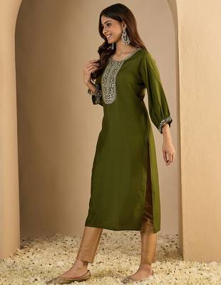 Mahendi color trendy formal looking classy kurta for girl 4