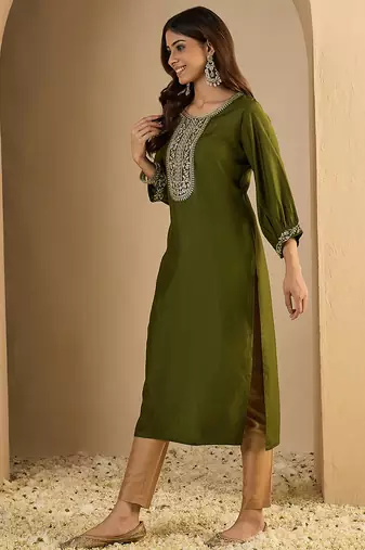 Mahendi color trendy formal looking classy kurta for girl