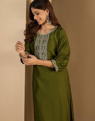 Mahendi color trendy formal looking classy kurta for girl 5