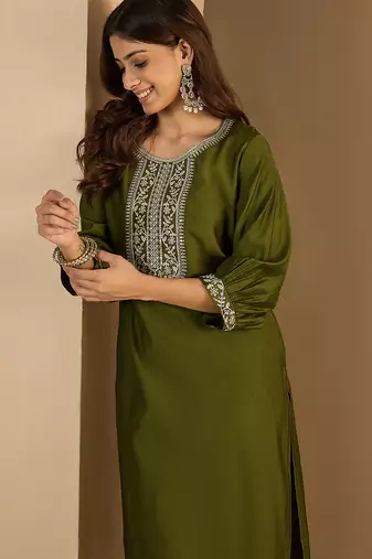 Mahendi color trendy formal looking classy kurta for girl