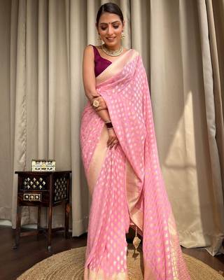 Pink silk blend banarasi jaquard designer saree with blouse 1
