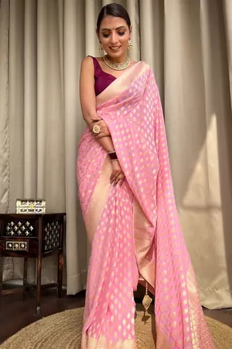 Pink soft silk blend banarasi jacuard work designer saree with blouse