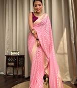 Pink soft silk blend banarasi jacuard work designer saree with blouse
