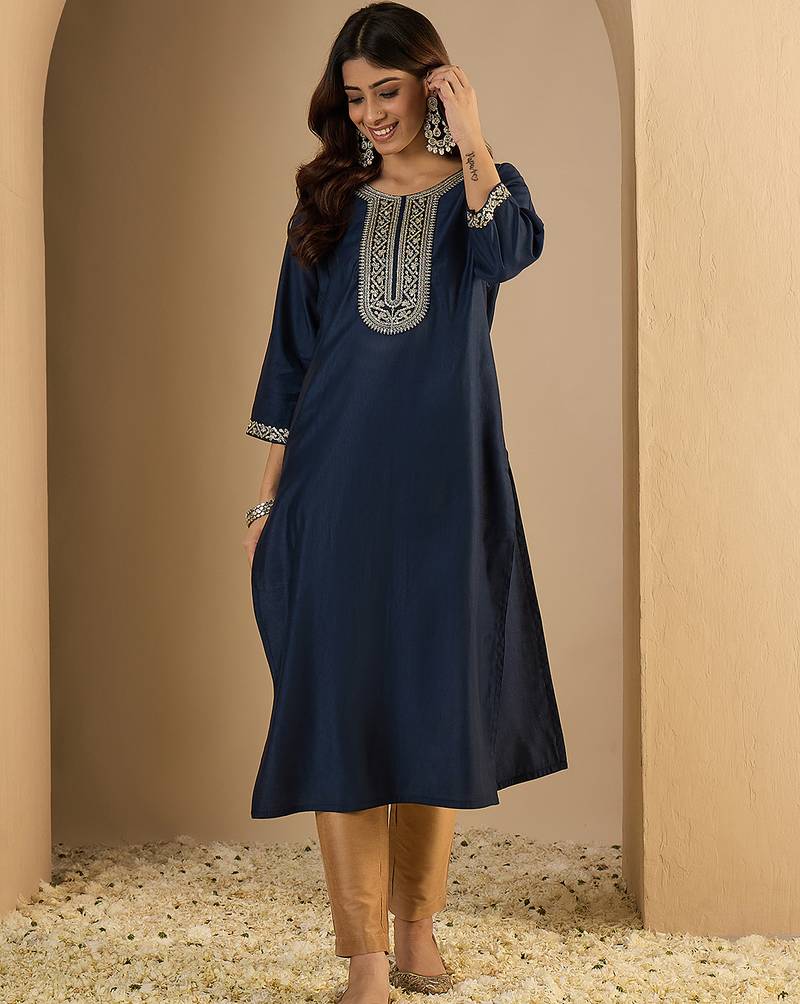 Navy blue color trendy formal looking classy ethnic kurta for girl