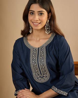 Navy blue color trendy formal looking classy kurta for girl 3