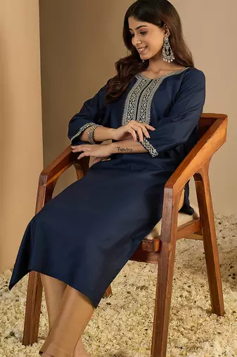 Navy blue color trendy formal looking classy kurta for girl