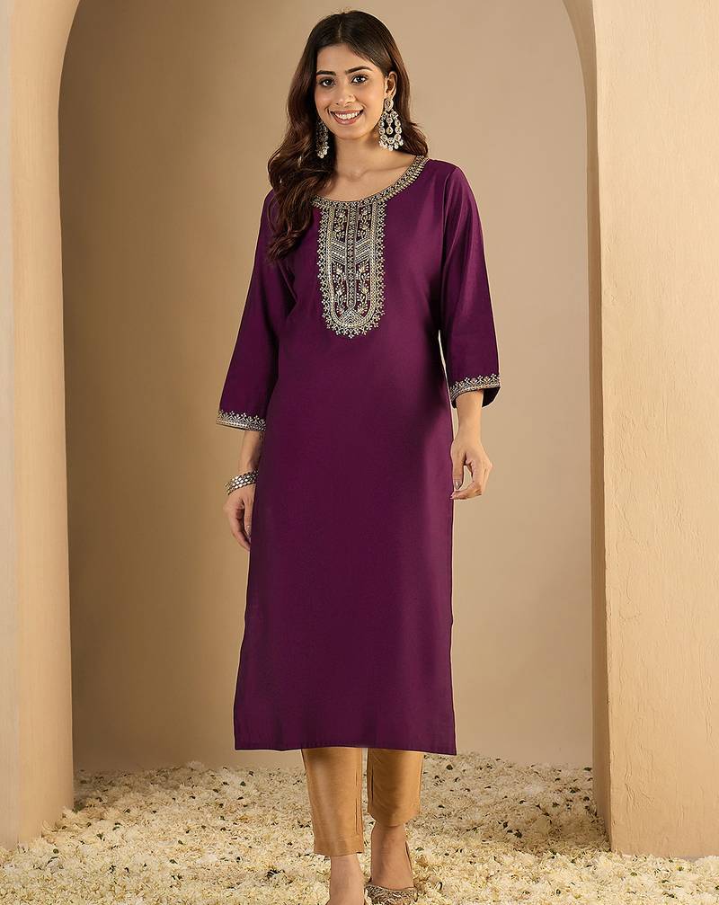 Purple color trendy formal looking classy ethnic kurta for girl