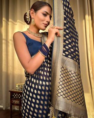 Blue silk blend banarasi jaquard designer saree with blouse 1