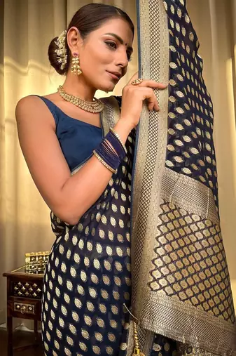 Blue soft silk blend banarasi jacuard work designer saree with blouse