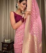Baby pink soft silk blend banarasi jacuard work designer saree with blouse