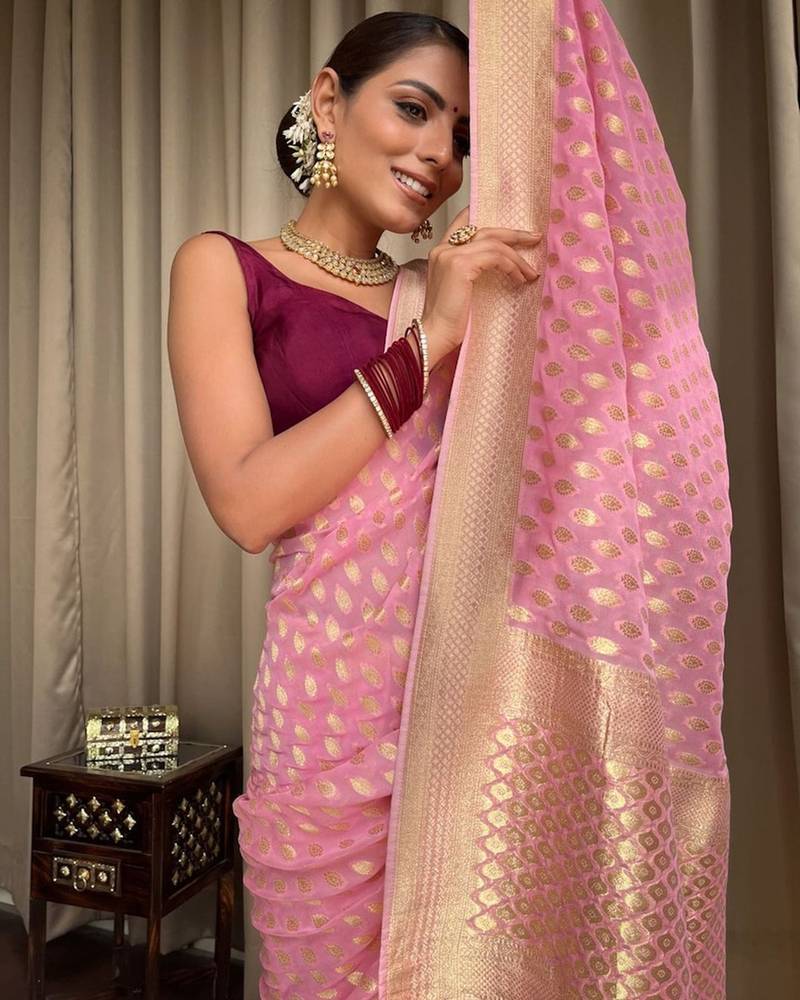 Baby pink soft silk blend banarasi jacuard work designer saree with blouse