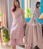 ANGAVASTRAM Women’s Pink Printed Sleeveless Cotton Kurta Set with Palazzo & Dupatta | Festive, Casual & Office Wear