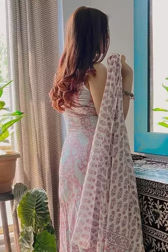  Pink Printed Sleeveless Cotton Kurta Set with Palazzo & Dupatta | Festive, Casual & Office Wear