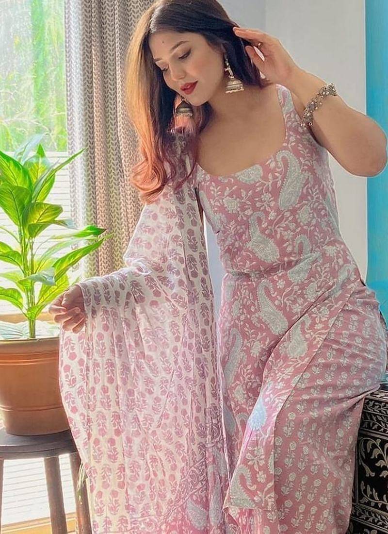 ANGAVASTRAM Women’s Pink Printed Sleeveless Cotton Kurta Set with Palazzo & Dupatta | Festive, Casual & Office Wear