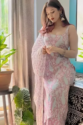  Pink Printed Sleeveless Cotton Kurta Set with Palazzo & Dupatta | Festive, Casual & Office Wear