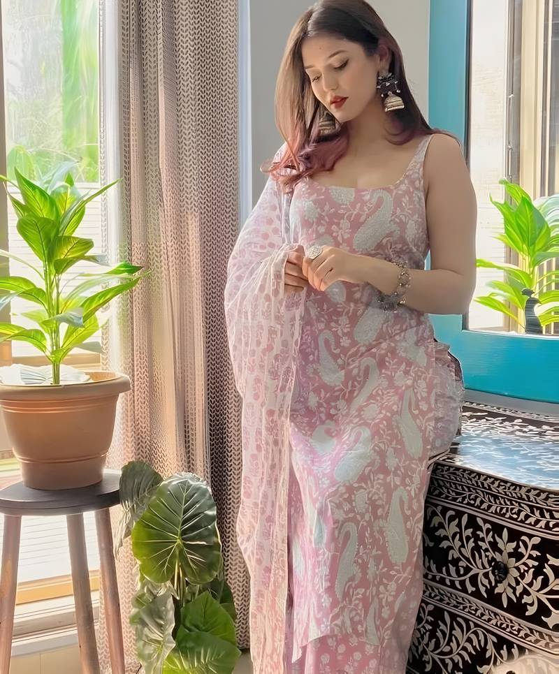 ANGAVASTRAM Women’s Pink Printed Sleeveless Cotton Kurta Set with Palazzo & Dupatta | Festive, Casual & Office Wear