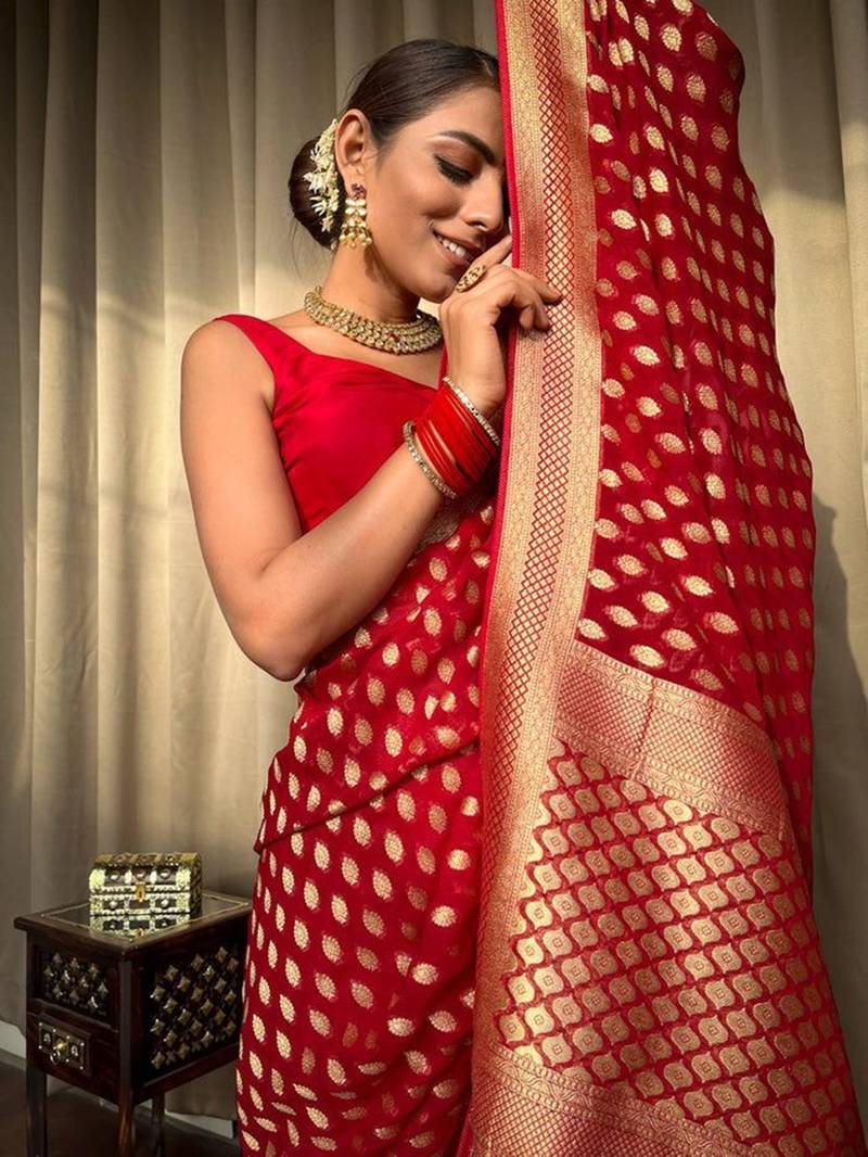 Red soft silk blend banarasi jacuard work designer saree with blouse