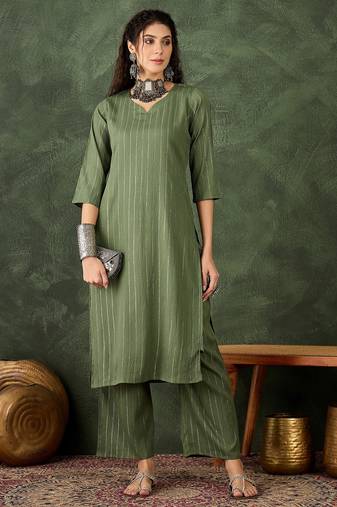 Green color cotton silk blend beautiful stylish tendy top bottom set