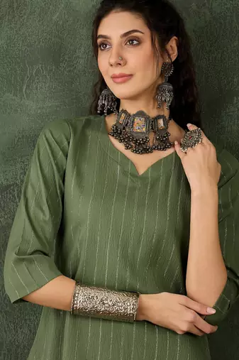 Green color cotton silk blend beautiful stylish tendy top bottom set