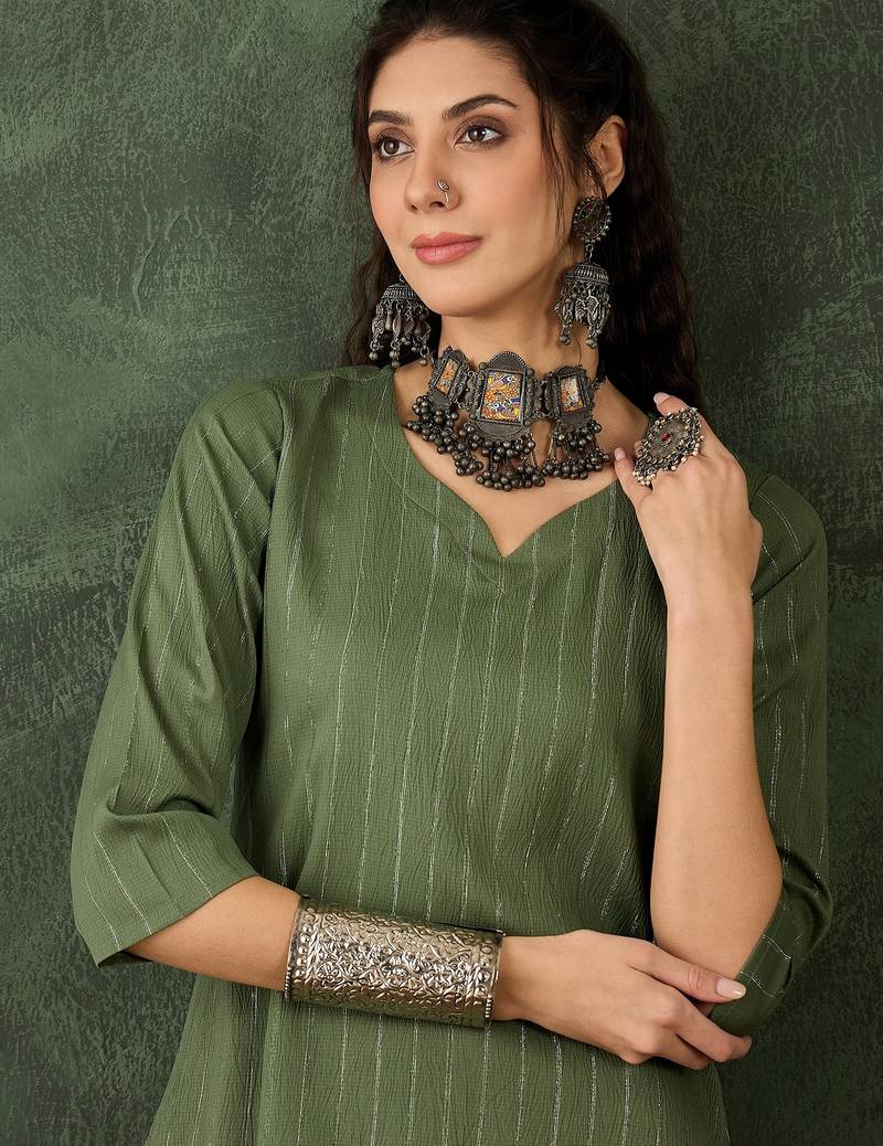 Green color cotton silk blend beautiful stylish tendy top bottom set