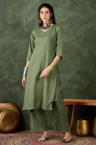 Green color cotton silk blend beautiful stylish tendy top bottom set