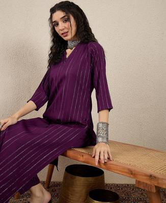 Purple color cotton silk blend beautiful stylish tendy top bottom set 4