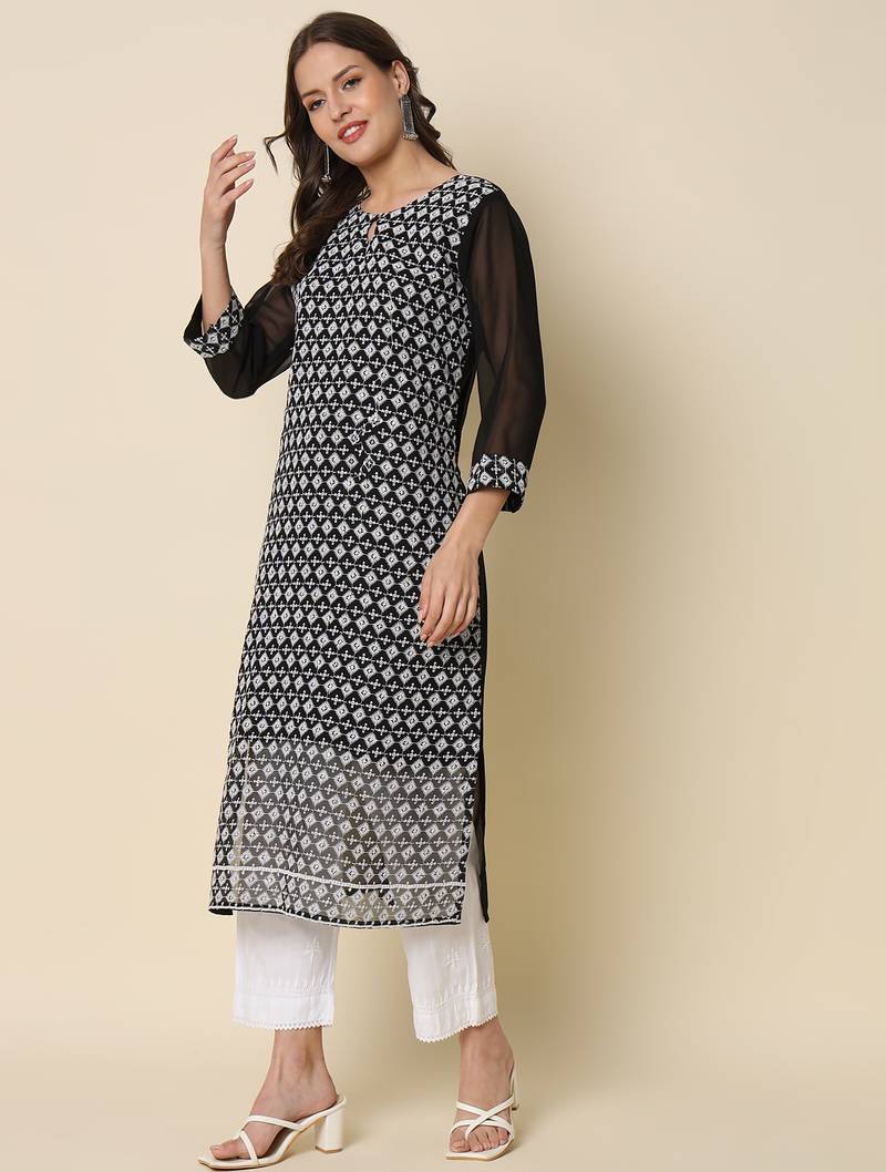 Black color georgette fabric chikankari work formal kurta for girls
