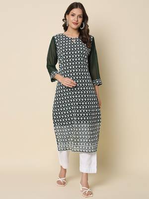 Green color georgette chikankari formal kurta for girls 1
