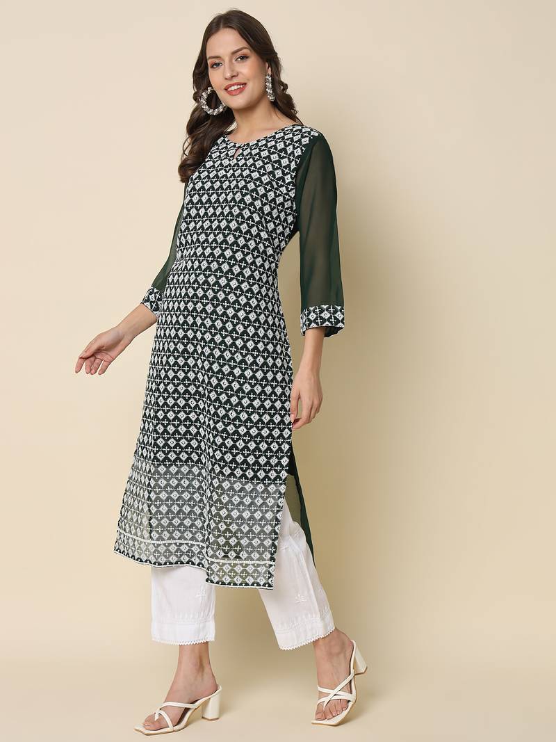 Green color georgette fabric chikankari work formal kurta for girls