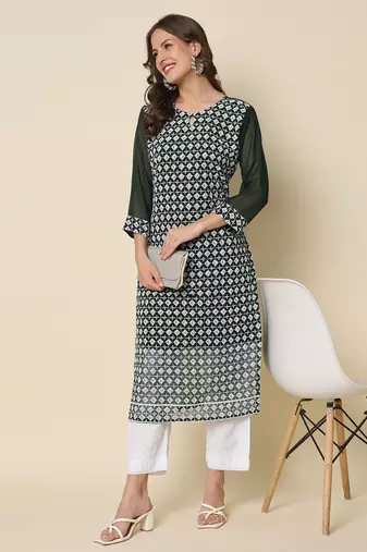 Green color georgette chikankari formal kurta for girls