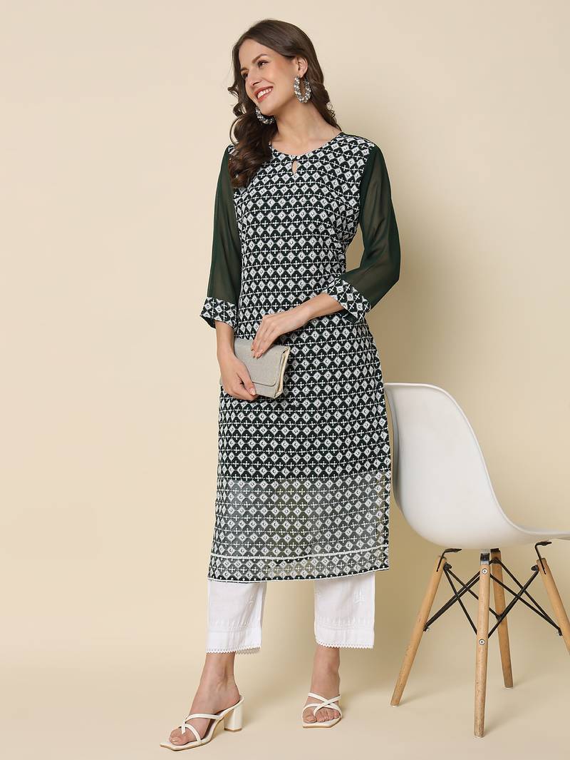 Green color georgette fabric chikankari work formal kurta for girls
