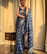 Blue soft silk blend banarasi jacuard work designer saree with blouse