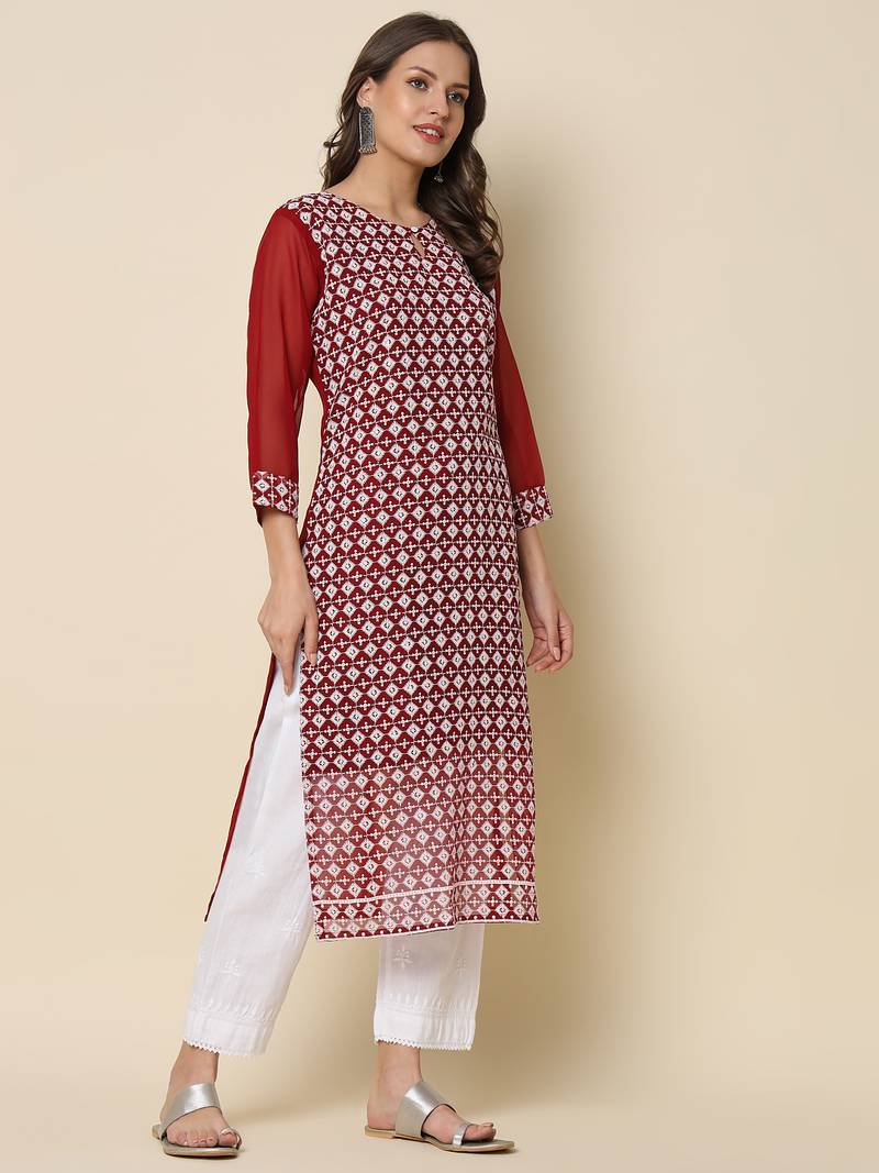 Maroon color georgette fabric chikankari work formal kurta for girls
