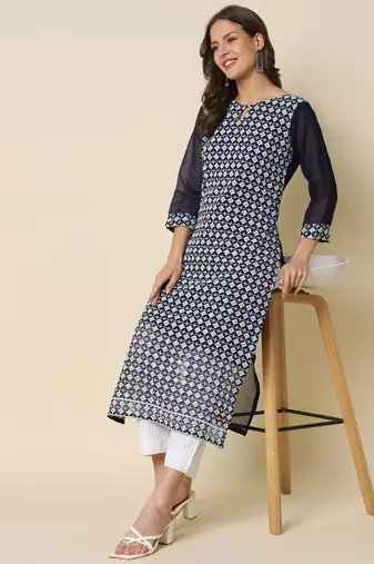 Nevy blue color georgette chikankari formal kurta for girls