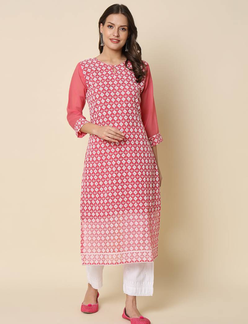 Pink color georgette fabric chikankari work formal kurta for girls