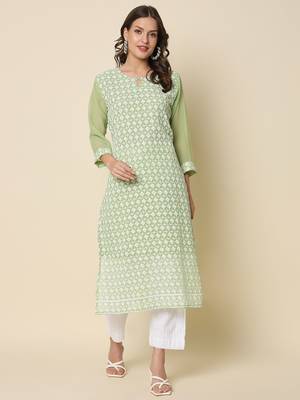 Pista color georgette chikankari formal kurta for girls 1