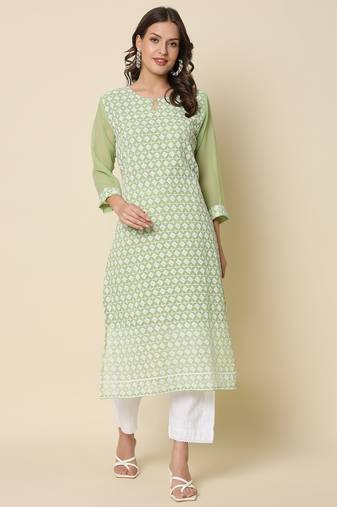 Pista color georgette fabric chikankari work formal kurta for girls